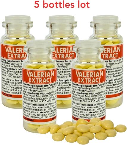 Valerian Root Extract, 5 Glass Bottles, 50 Coated Tablets Each Bottle (20mg), 250 Tablets in Kuwait
