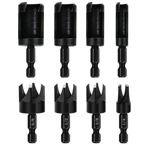 مجموعة لقم مثقاب قاطعة من الخشب الأسود مكونة من 8 قطع، قاطعة قابس متينة، لقم مثقاب مستقيمة ومدببة 1/4 بوصة، 5/8 بوصة، 3/8 بوصة، 1/2 بوصة مع ساق سداسية 1/4 بوصة، أداة قطع للخشب in Kuwait