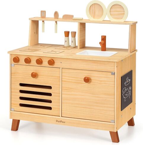PairPear Play Kitchen for Kids, Wooden Toys Play Kitchen Sets with Toy Play Food Plates and Dishes, Larage Toy Storage System Kids Play Kitchen Accessories Designed Toys Gift for Age 3+ in Kuwait