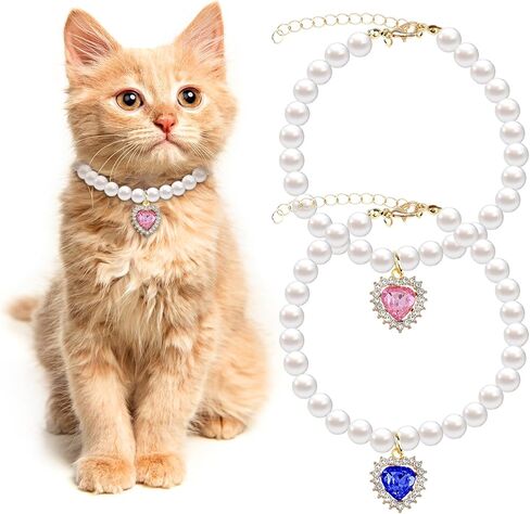 2pcs Cute Girl Cat Collar, Fancy Dog Pearl Necklace Collar Adjustable Pearl Dog Cat Collar with Small Heart Shape Rhinestone for Small Dogs and Cats, Pink Heart + White Heart in Kuwait
