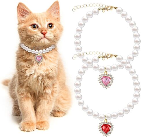 2pcs Cute Girl Cat Collar, Fancy Dog Pearl Necklace Collar Adjustable Pearl Dog Cat Collar with Small Heart Shape Rhinestone for Small Dogs and Cats, Pink Heart + White Heart in Kuwait