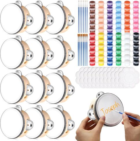 12 مجموعة من طبلة الدف مقاس 6 بوصات، طبلة الدف DIY مع دهانات أكريليك، وفرشاة طلاء ولوحة ألوان، هدية قرع معدنية خشبية لألعاب حفلات الزفاف في الكنيسة in Kuwait