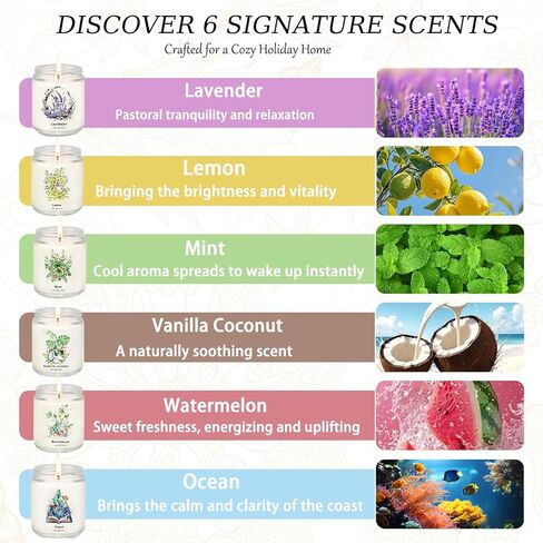 6 عبوات من الشموع المعطرة للمنزل، 37.8 أونصة شموع عطرية تدوم طويلاً، شموع معطرة للنساء، مجموعة هدايا شموع الصويا الطبيعية غير السامة - اللافندر/الفانيليا وجوز الهند/الليمون/المحيط/النعناع/البطيخ in Saudi Arabia