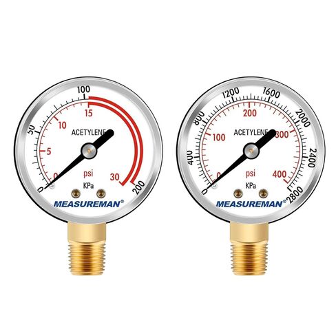 MEASUREMAN Low and High Pressure Gauges for Acetylene Regulator 0-30 psi & 0-400 psi - 2.5''Inches (Pair) with 1/4" Thread for LDP Regulators in Saudi Arabia
