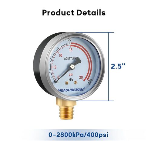 MEASUREMAN Low and High Pressure Gauges for Acetylene Regulator 0-30 psi & 0-400 psi - 2.5''Inches (Pair) with 1/4" Thread for LDP Regulators in Saudi Arabia