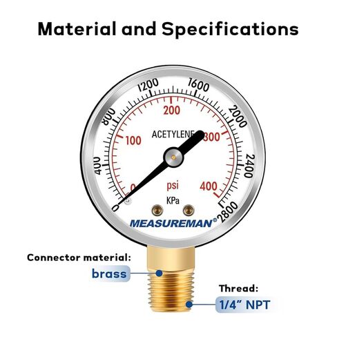 MEASUREMAN Low and High Pressure Gauges for Acetylene Regulator 0-30 psi & 0-400 psi - 2.5''Inches (Pair) with 1/4" Thread for LDP Regulators in Saudi Arabia