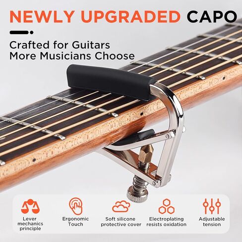 Guitar Capo - Quick Change Metal Kapo, Adjustable Capo with Memory Tension for Acoustic Electric Guitars 6 String, Clip-On Tuner for Stable Tone, Suitable for Beginners and Pros (Silver) in Saudi Arabia