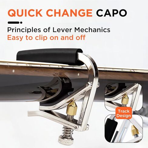 Guitar Capo - Quick Change Metal Kapo, Adjustable Capo with Memory Tension for Acoustic Electric Guitars 6 String, Clip-On Tuner for Stable Tone, Suitable for Beginners and Pros (Silver) in Saudi Arabia