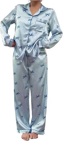 WDIRARA Women's 2 Piece Bowknot Print Satin Pajama Set Long Sleeve Button Down Lounge Pants Sleepwear Sets in Saudi Arabia