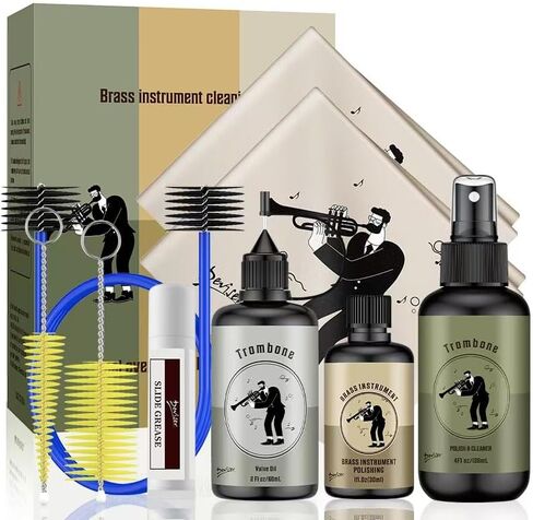 Complete Trombone Care Kit - Includes Polishing,Valve Oil,2 Cleaning Cloths,Slide Grease,and Cleaning Brush in Kuwait