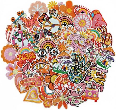 Tigeen 48 Pcs Groovy Retro Hippie Chenille Iron on Patches Vintage Boho Iron on Embroidered Patches Bulk for Hats Clothes Sew on Applique DIY Accessory for Backpack Pants Jeans in Kuwait