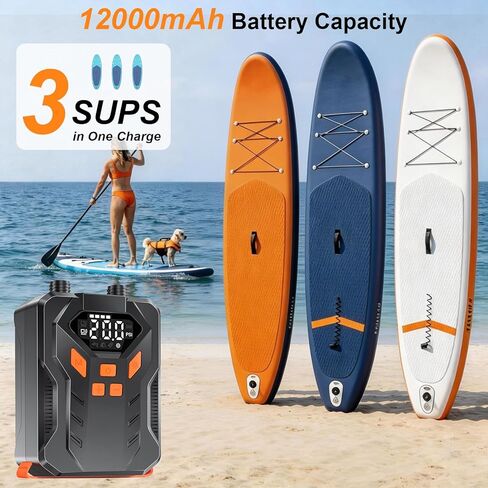 مضخة لوح مجداف كهربائية قابلة لإعادة الشحن 20 رطل لكل بوصة مربعة - نفخ وتفريغ مزدوج المرحلة، إيقاف تلقائي، 7 فوهات، ضوء LED، موصل سيارة 12 فولت تيار مستمر، مضخة SUP محمولة لـ SUP، قارب قابل للنفخ، خيمة، قوارب الكاياك in Kuwait