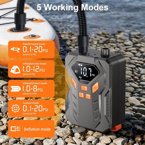 مضخة لوح مجداف كهربائية قابلة لإعادة الشحن 20 رطل لكل بوصة مربعة - نفخ وتفريغ مزدوج المرحلة، إيقاف تلقائي، 7 فوهات، ضوء LED، موصل سيارة 12 فولت تيار مستمر، مضخة SUP محمولة لـ SUP، قارب قابل للنفخ، خيمة، قوارب الكاياك in Kuwait