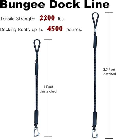 Pontoon Boat,Canoe, Power Boat,Kayak,Jet Ski,Shock Absorbing Docking String for Boat,Bungee Dock Line Elastic Mooring Rope with Protective Cover for Docking with Stainless Steel Clip Accessories in Saudi Arabia