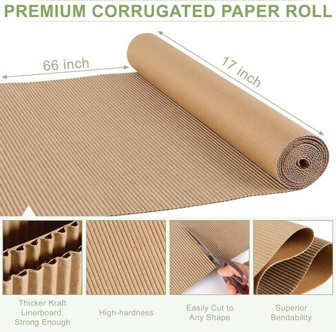 لفة من الورق المقوى المموج، ورق مموج مقاس 66 × 17 بوصة، لفة من الورق المقوى السميك بوجه واحد للأعمال اليدوية، والحرف اليدوية، وتغليف الهدايا، والنقل، والشحن، والبريد، والنمذجة ومنصات التعبئة والتغليف (بني) in Kuwait