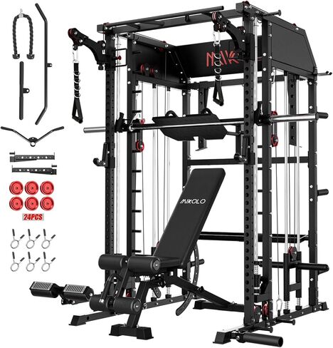 Mikolo Smith Machine ، قفص الطاقة متعدد الوظائف مع نظام بكرة مزدوجة ، مرفق مكشط الساق العمودي ، رف طاقة رف القرفصاء مع مزيد من التعلق التدريبي لصالة الألعاب الرياضية المنزلية in Kuwait