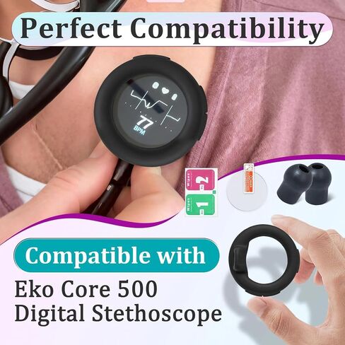 5 Sets Protection Kits Compatible with EKO Core 500 Digital Stethoscope Accessories - 5 Pcs Silicone Protective Cases, Tempered Screen Protectors, Alcohol Packs and 10 Pcs Ear Tips in Saudi Arabia