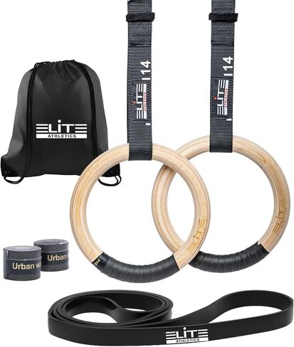 Wood Gymnastic Rings 32mm and 28mm Grip with Adjustable Numbered Straps + Grip Tape + Pull Up Resistance Bands + Drawstring Carry Bag in Kuwait