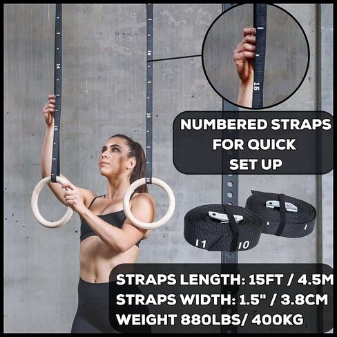 Wood Gymnastic Rings 32mm and 28mm Grip with Adjustable Numbered Straps + Grip Tape + Pull Up Resistance Bands + Drawstring Carry Bag in Kuwait