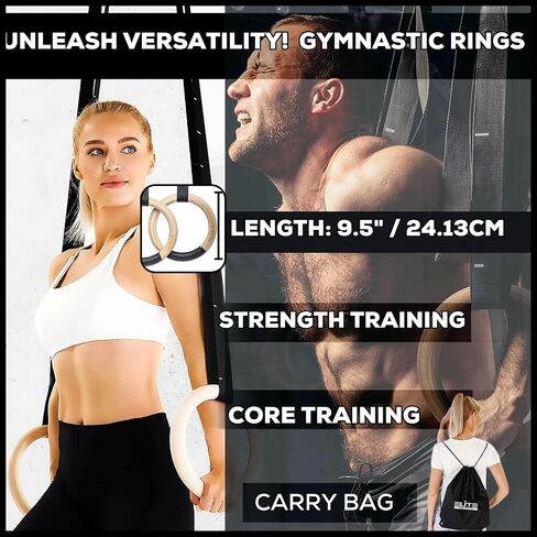 Wood Gymnastic Rings 32mm and 28mm Grip with Adjustable Numbered Straps + Grip Tape + Pull Up Resistance Bands + Drawstring Carry Bag in Kuwait
