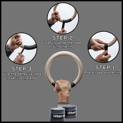 Wood Gymnastic Rings 32mm and 28mm Grip with Adjustable Numbered Straps + Grip Tape + Pull Up Resistance Bands + Drawstring Carry Bag in Kuwait