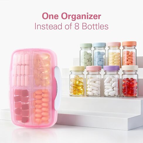 منظم حبوب الدواء الكبير من بارهون مع 8 حجرات، صندوق حبوب السفر الصيدلي بجيب كبير مقاوم للرطوبة، منظم الفيتامينات المحمول لزيت السمك والمكملات الغذائية (وردي) in Kuwait