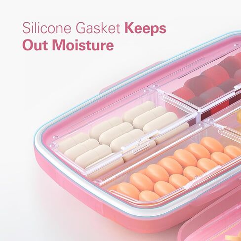 منظم حبوب الدواء الكبير من بارهون مع 8 حجرات، صندوق حبوب السفر الصيدلي بجيب كبير مقاوم للرطوبة، منظم الفيتامينات المحمول لزيت السمك والمكملات الغذائية (وردي) in Kuwait