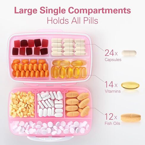 Barhon Large Pill Organizer with 8 Compartments, Large Pocket Pharmacy Travel Pill Box Moisture-Proof, Portable Vitamin Organizer for Fish Oil & Supplements (Pink) in Saudi Arabia
