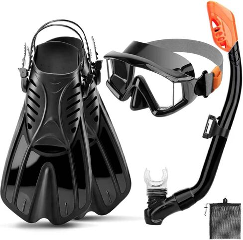 معدات الغطس للأطفال البالغين، مجموعة زعانف قناع الغطس 4 في 1 مع قناع الغطس ذو 3 نوافذ، والغطس العلوي الجاف، وزعانف قصيرة قابلة للتعديل وحقيبة شبكية، معدات الغطس المضادة للتسرب والضباب للغطس in Kuwait