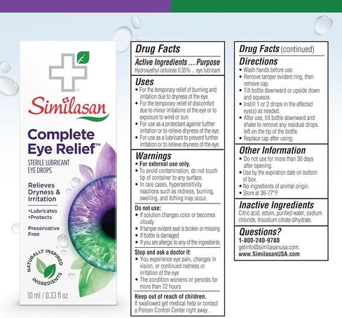 Similasan Complete Eye Relief Drops, Lubricates and Protects, Naturally Inspired Ingredients for Multi-Symptom Eye Discomfort, Preservative-Free, Ectoin Enhanced, Contact Lens Friendly, 0.33 FL.OZ in Kuwait