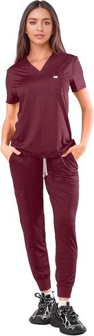 الدعك للنساء - V -Neck Top & Stretty Jogger Pants Scrubs مجموعة مع 5 جيوب in Saudi Arabia