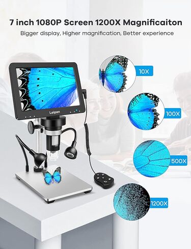 7" LCD Digital Microscope 1200X,Leipan 12MP Coin Microscope with Screen for Adults,1080P Coin Magnifier with 12pcs Slides,Wired Remote,2 Side Lights,Windows/Mac OS Compatible in Kuwait