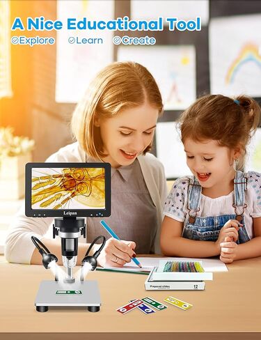 7" LCD Digital Microscope 1200X,Leipan 12MP Coin Microscope with Screen for Adults,1080P Coin Magnifier with 12pcs Slides,Wired Remote,2 Side Lights,Windows/Mac OS Compatible in Kuwait