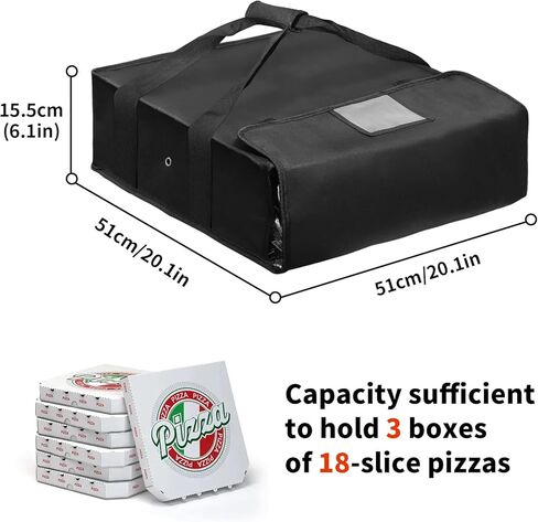 حقيبة بيتزا معزولة لتدفئة البيتزا، حقيبة توصيل كبيرة مقاس 20 × 20 × 6 بوصة مع نافذة ملصق، تحمل 3 صناديق من بيتزا مقاس 18 بوصة للاحتفاظ بالحرارة، مثالية لتقديم الطعام والمطاعم وخدمات توصيل الطعام in Kuwait