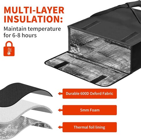 حقيبة بيتزا معزولة لتدفئة البيتزا، حقيبة توصيل كبيرة مقاس 20 × 20 × 6 بوصة مع نافذة ملصق، تحمل 3 صناديق من بيتزا مقاس 18 بوصة للاحتفاظ بالحرارة، مثالية لتقديم الطعام والمطاعم وخدمات توصيل الطعام in Kuwait