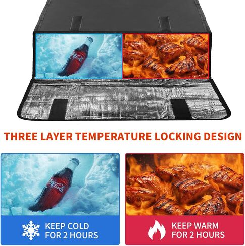 حقيبة بيتزا معزولة لتدفئة البيتزا، حقيبة توصيل كبيرة مقاس 20 × 20 × 6 بوصة مع نافذة ملصق، تحمل 3 صناديق من بيتزا مقاس 18 بوصة للاحتفاظ بالحرارة، مثالية لتقديم الطعام والمطاعم وخدمات توصيل الطعام in Kuwait