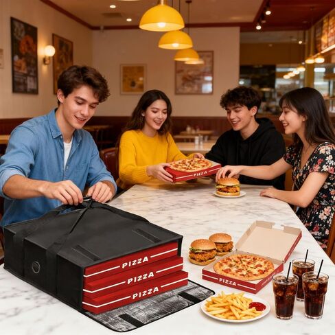 حقيبة بيتزا معزولة لتدفئة البيتزا، حقيبة توصيل كبيرة مقاس 20 × 20 × 6 بوصة مع نافذة ملصق، تحمل 3 صناديق من بيتزا مقاس 18 بوصة للاحتفاظ بالحرارة، مثالية لتقديم الطعام والمطاعم وخدمات توصيل الطعام in Kuwait