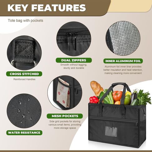 40L Insulated Food Delivery Bag, Heavy-Duty Collapsible Catering Grocery Bag for Hot and Cold, Reusable Cooler Bag with Zipper, Commercial Pizza Delivery Box Carrier for Uber Eat, Door Dash Essentials in Saudi Arabia