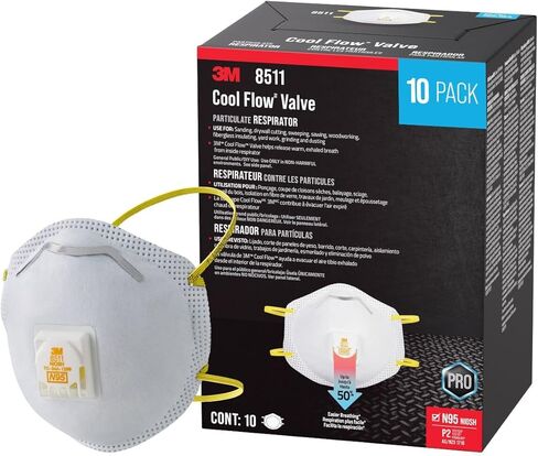 3M N95 Respirator 8511, 10 Pack, NIOSH-APPROVED N95, Features 3M COOL FLOW Exhalation Valve, Relief From Dusts & Certain Particles During Sanding, Pollen, Mold Spores, Dust Particles (8511DB1-A-PS) in Kuwait