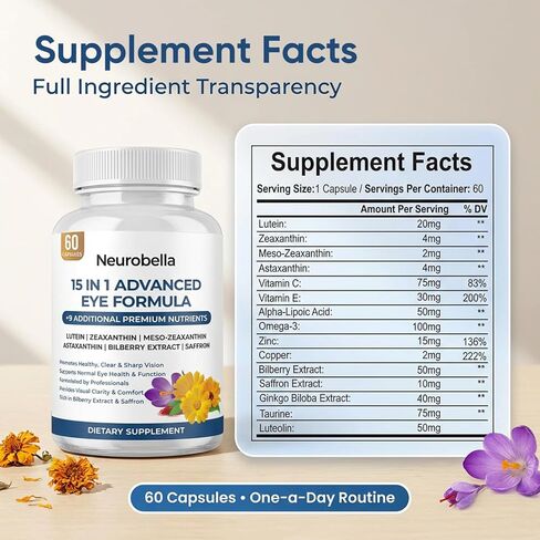 Neurobella Eye Formula - Neurobella 15 in 1 Advanced Eye Formula with All 3 Carotenoids, Lutein & Zeaxanthin, Bilberry Extract and Saffron, 60 Capsules in Saudi Arabia