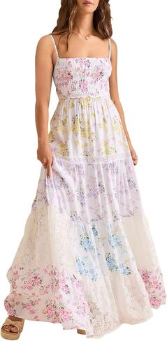 Women Floral Maxi Dress Smocked Spaghetti Strap Lace Patchwork Tiered Boho Long Dress Vacation Garden Party in Kuwait