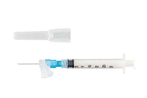 مجموعة إبرة ومحقنة Cardinal Health™ Monoject™ Magellan™ الآمنة تحت الجلد، باللون الأزرق، 3 مل، 23 جيجا × 1 بوصة، علبة تحتوي على 400 in Saudi Arabia