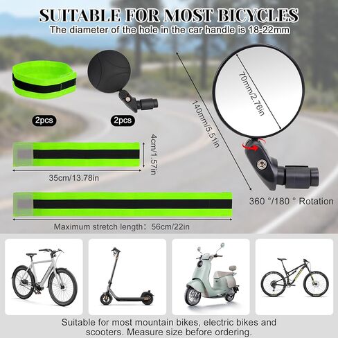 2PCS Bike Mirror, 360° Adjustable Bar End Bicycle Mirror with 2PCS Reflective Bands for Safe Cycling, Handlebar Mount Rearview Mirror with Allen Wrench for Mountain Road E-Bike in Saudi Arabia