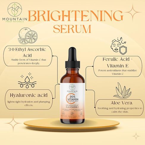 Vitamin C Serum – 20% 3-0-Ethyl Ascorbic Acid, Ferulic Acid & Vitamin E – Brightening, Hydrating, Anti-Aging Serum for Dark Spots, Uneven Skin Tone & Wrinkles – 30mL / 1 fl oz in Saudi Arabia
