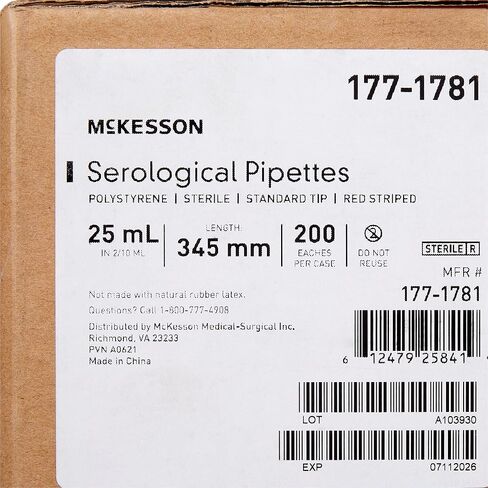 McKesson Serological Pipette 25 mL, [200 Count], Sterile Polystyrene, 0.2 mL Graduation Increments, -10 mL Negative Graduations, Anti-Drip Tip, Aerosol Barrier Plug, Fits Major Pipette Controllers in Saudi Arabia