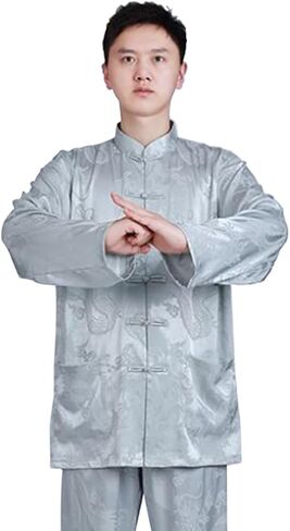 HZCX FASHION Mens 1 Piece Satin Jacquard Dragon Tang Uniform Shirt Traditional Chinese Kung Fu Tai Chi Shirt Frog Button Down in Kuwait