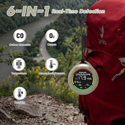 جهاز مراقبة جودة الهواء المحمول 5 في 1 من GZAIR، وكاشف أول أكسيد الكربون والأكسجين مع درجة الحرارة والرطوبة والضغط الجوي، وإنذار السلامة والإضاءة الخلفية الملونة للمنزل، والمرآب، والمركبات الترفيهية، والتخييم in Kuwait
