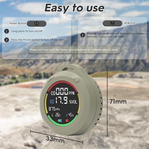 جهاز مراقبة جودة الهواء المحمول 5 في 1 من GZAIR، وكاشف أول أكسيد الكربون والأكسجين مع درجة الحرارة والرطوبة والضغط الجوي، وإنذار السلامة والإضاءة الخلفية الملونة للمنزل، والمرآب، والمركبات الترفيهية، والتخييم in Kuwait