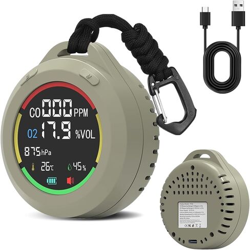 جهاز مراقبة جودة الهواء المحمول 5 في 1 من GZAIR، وكاشف أول أكسيد الكربون والأكسجين مع درجة الحرارة والرطوبة والضغط الجوي، وإنذار السلامة والإضاءة الخلفية الملونة للمنزل، والمرآب، والمركبات الترفيهية، والتخييم in Kuwait