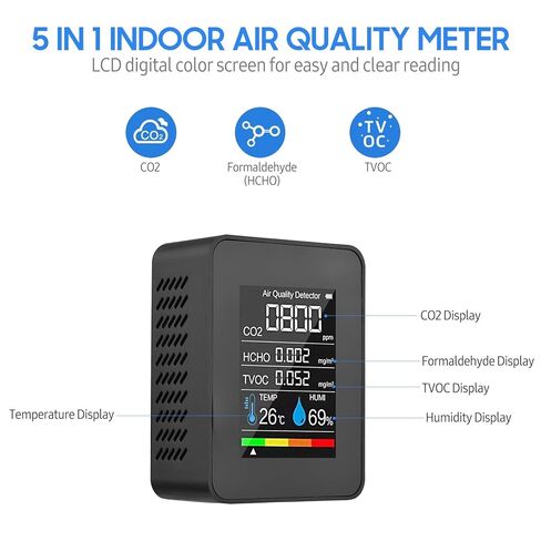 Prefessionall Indoor Air Quality Monitor, 5 in 1 Portable Smartair Quality Tester for CO2 | TVOC | HCHO | Temp | Hum for Home Cars Plants and Pets So On (Black) in Kuwait